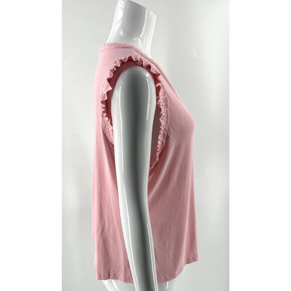 Nine West Tank Top Size XL Candy Pink Ruffle Sleeve Ribbed Stretch V Neck Womens - Picture 3 of 5